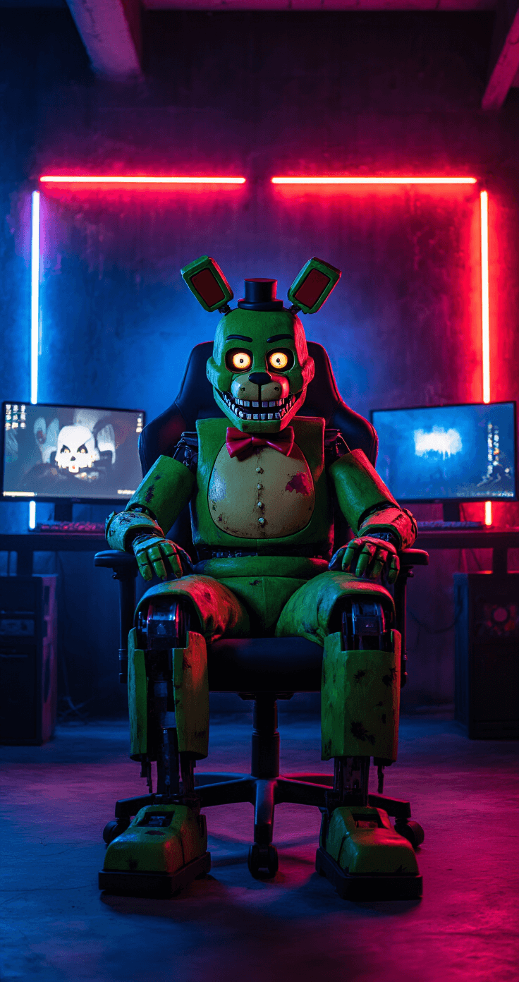 FNAF Cosplay: Your Ultimate Guide to Becoming an Animatronic Legend A menacing Spring Trap cosplayer in a gaming chair surrounded by glowing monitors in a dark, LED-lit game room, highlighting weathered green fur and exposed animatronic parts.