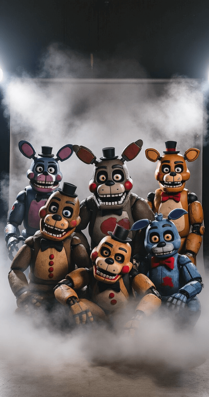 FNAF Cosplay: Your Ultimate Guide to Becoming an Animatronic Legend Group shot of FNAF animatronic cosplayers in a convention photoshoot area, featuring dramatic lighting and a fog machine, showcasing the unique details and textures of each costume against a professional backdrop.