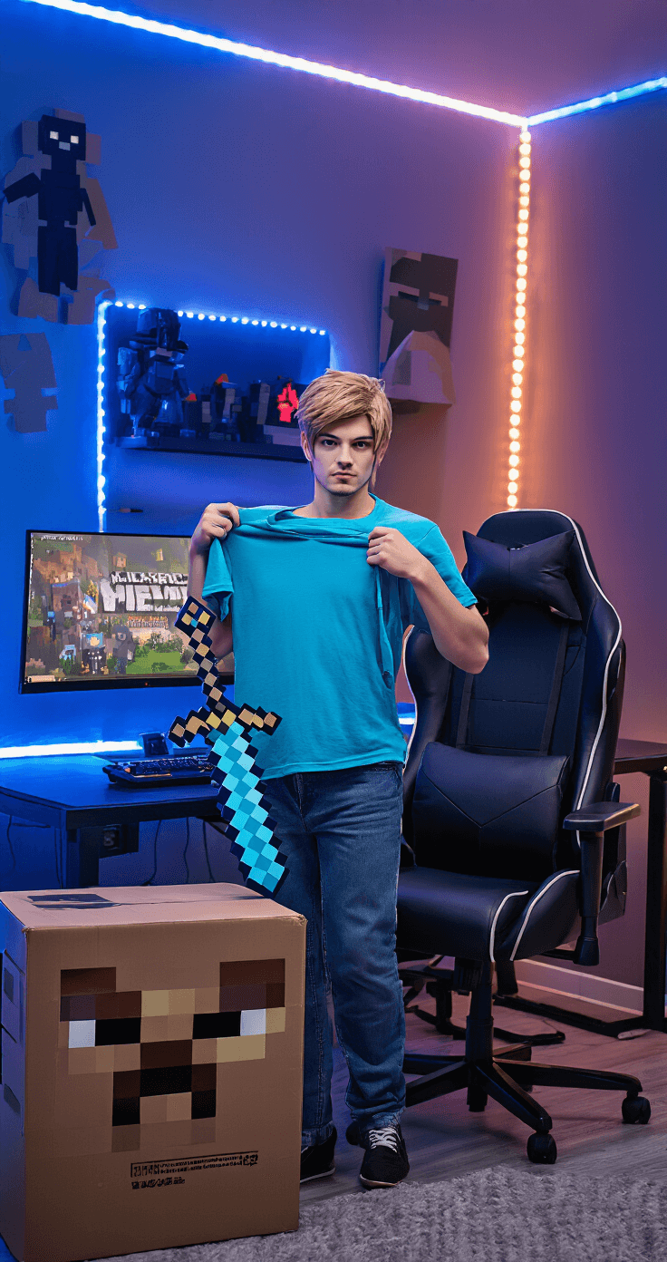 Easy DIY Cosplay Ideas: Transform Into Your Favorite Characters Without Breaking the Bank A modern gaming room is illuminated with cool blue LED lights, featuring a cosplayer in a cyan t-shirt and classic blue jeans adjusting their outfit. In front of a streaming setup, a foam Minecraft sword leans against a sleek gaming chair, while a cardboard box head is displayed on the desk. The scene is captured from a three-quarter angle, showcasing both the costume and the immersive gaming environment.