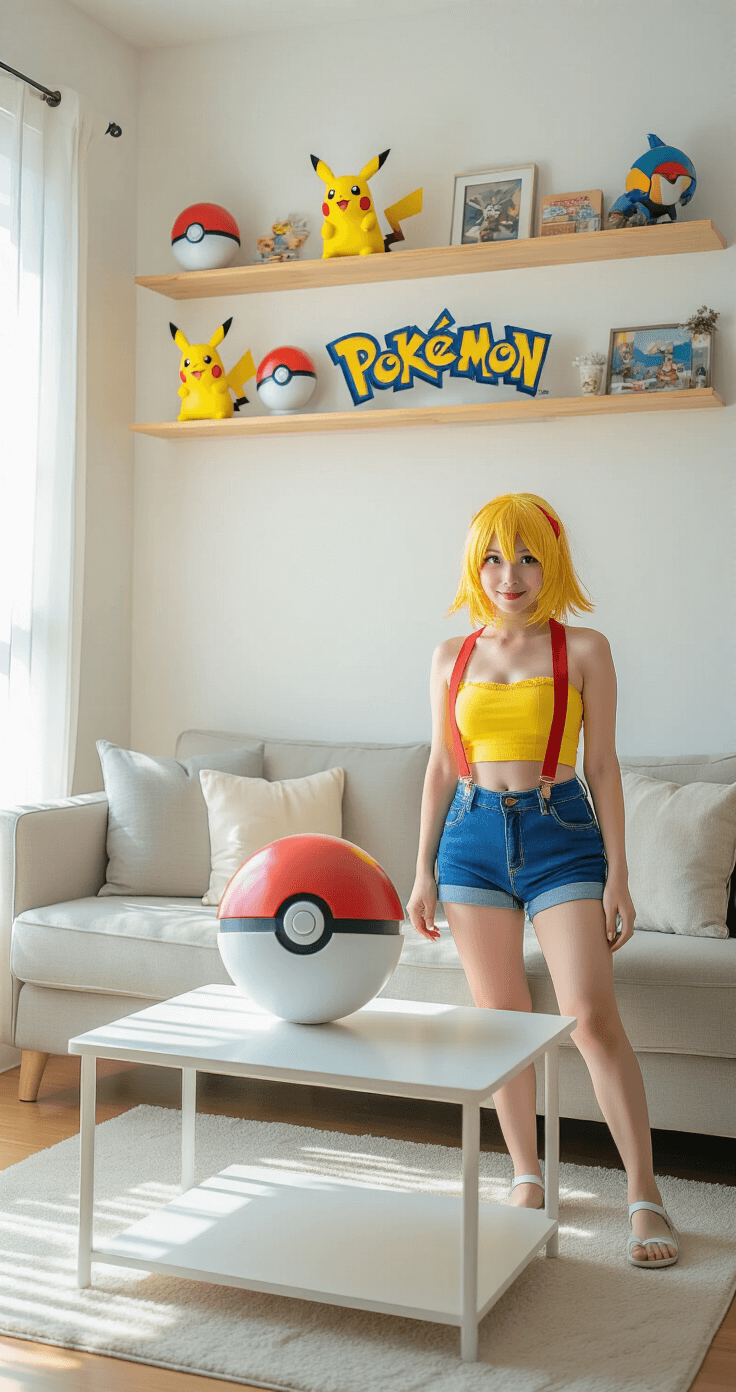 Easy DIY Cosplay Ideas: Transform Into Your Favorite Characters Without Breaking the Bank A sunlit living room corner features Pokémon memorabilia on floating shelves, with a cosplayer in a yellow crop top, red suspenders, and blue shorts, posed with a Pokéball on a white coffee table, highlighting a casual cosplay photoshoot.