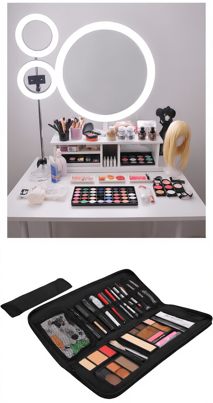 Easy DIY Cosplay Ideas: Transform Into Your Favorite Characters Without Breaking the Bank A professional vanity setup featuring a well-organized display of colored contacts, wigs, makeup essentials, and an open cosplay accessories kit, all highlighted by soft, diffused lighting.