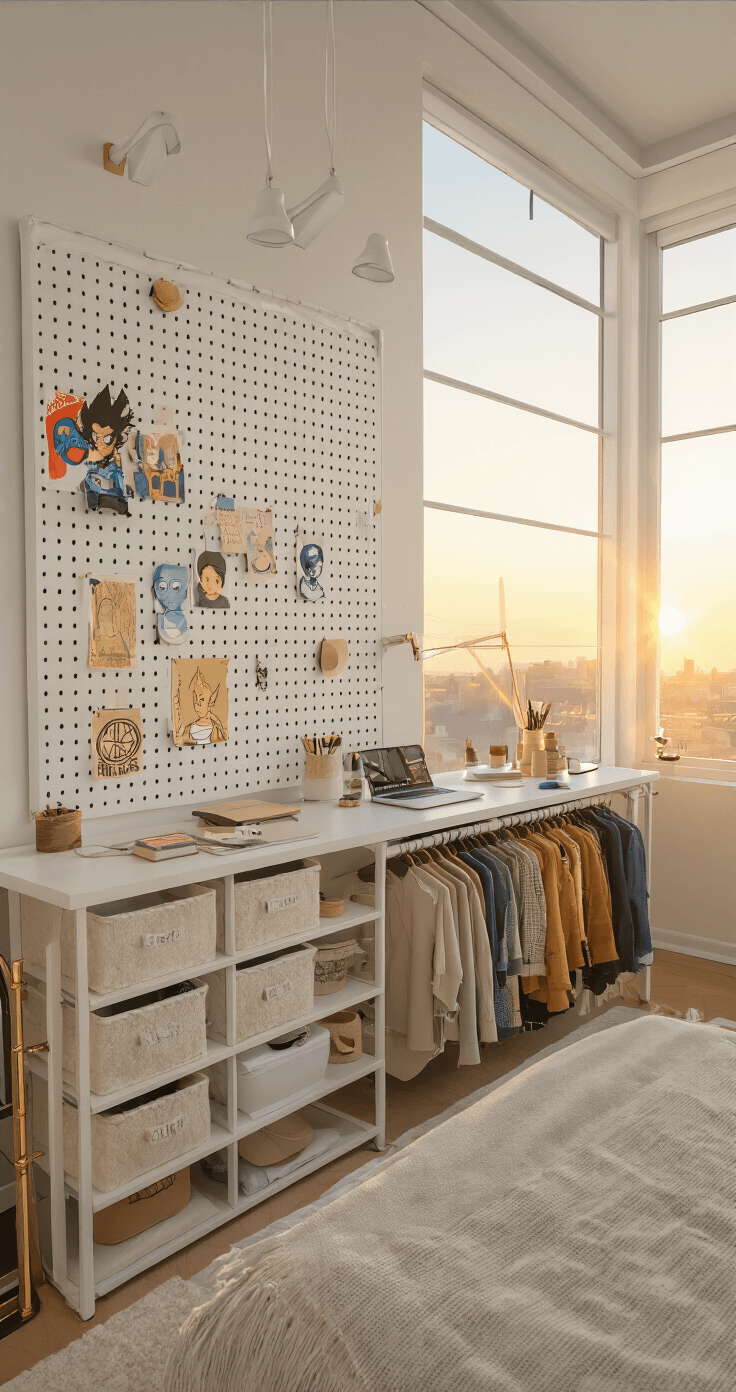 Easy DIY Cosplay Ideas: Transform Into Your Favorite Characters Without Breaking the Bank Aesthetic bedroom workspace featuring a mood board on a white pegboard, modern closet organization with everyday clothes as costume pieces, and golden hour lighting creating an inspiring atmosphere in a wide shot that highlights planning and organization.
