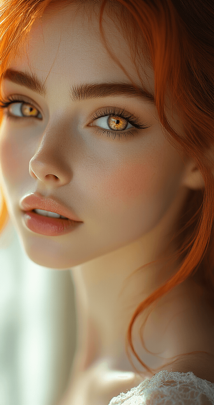 THE ULTIMATE MAKIMA COSPLAY GUIDE: TRANSFORM INTO CHAINSAW MAN'S ICONIC CHARACTER A close-up portrait of a woman resembling Makima, captured in natural window light. She features golden contact lenses, perfectly groomed brows, and a three-quarter view with a mysterious half-smile, framed by loose strands of a red wig. The image highlights her flawless foundation and subtle contouring, shot with an 85mm lens at f/1.8.