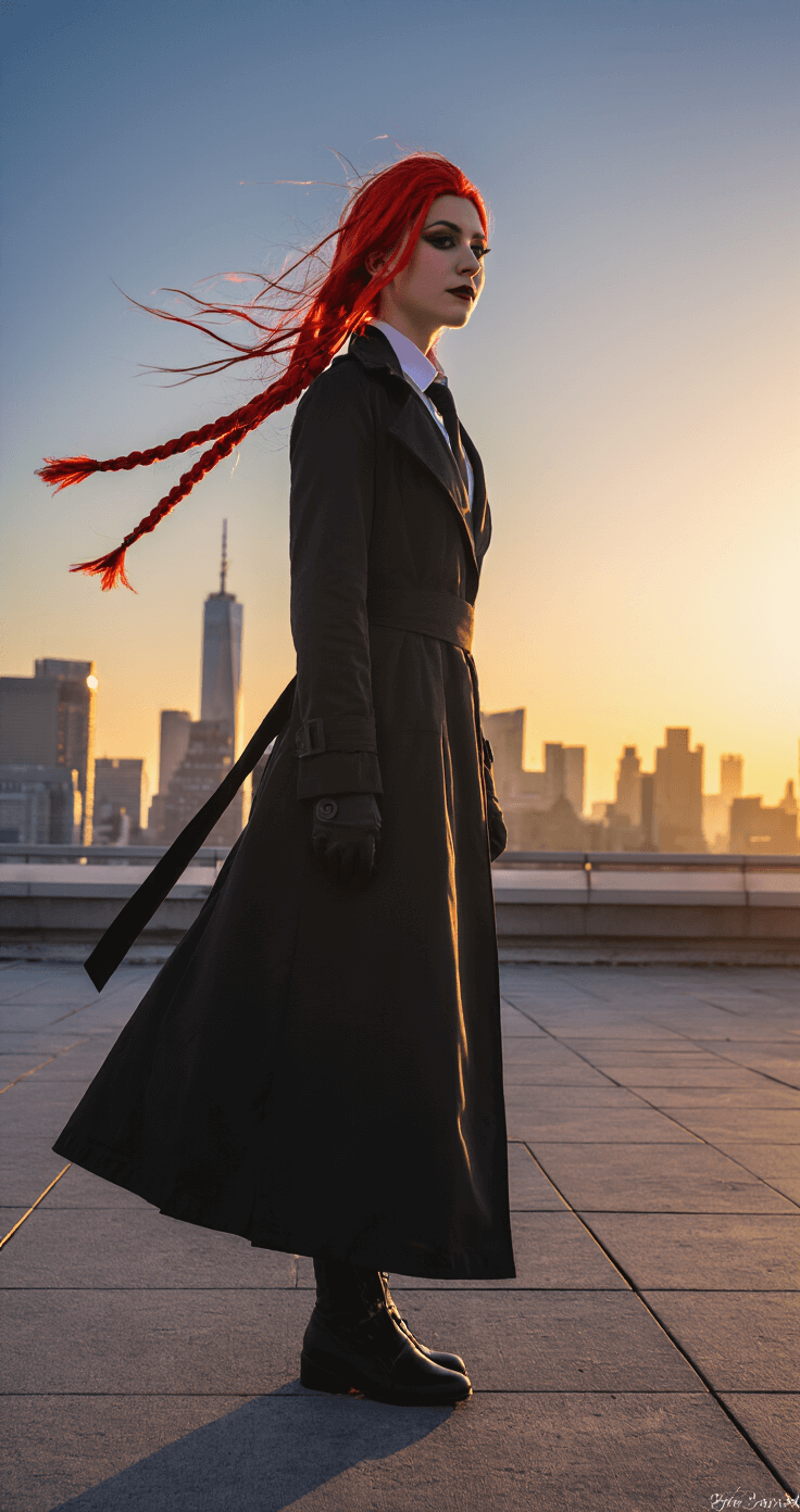THE ULTIMATE MAKIMA COSPLAY GUIDE: TRANSFORM INTO CHAINSAW MAN'S ICONIC CHARACTER A cosplayer in a flowing black trench coat stands on an urban rooftop at golden hour, with city skylines in the background. Their red braided wig catches the warm sunset light, accentuating their black tie and white collar. The shot is taken from a low angle, emphasizing their presence and authority, with atmospheric lens flare enhancing the dramatic scene.