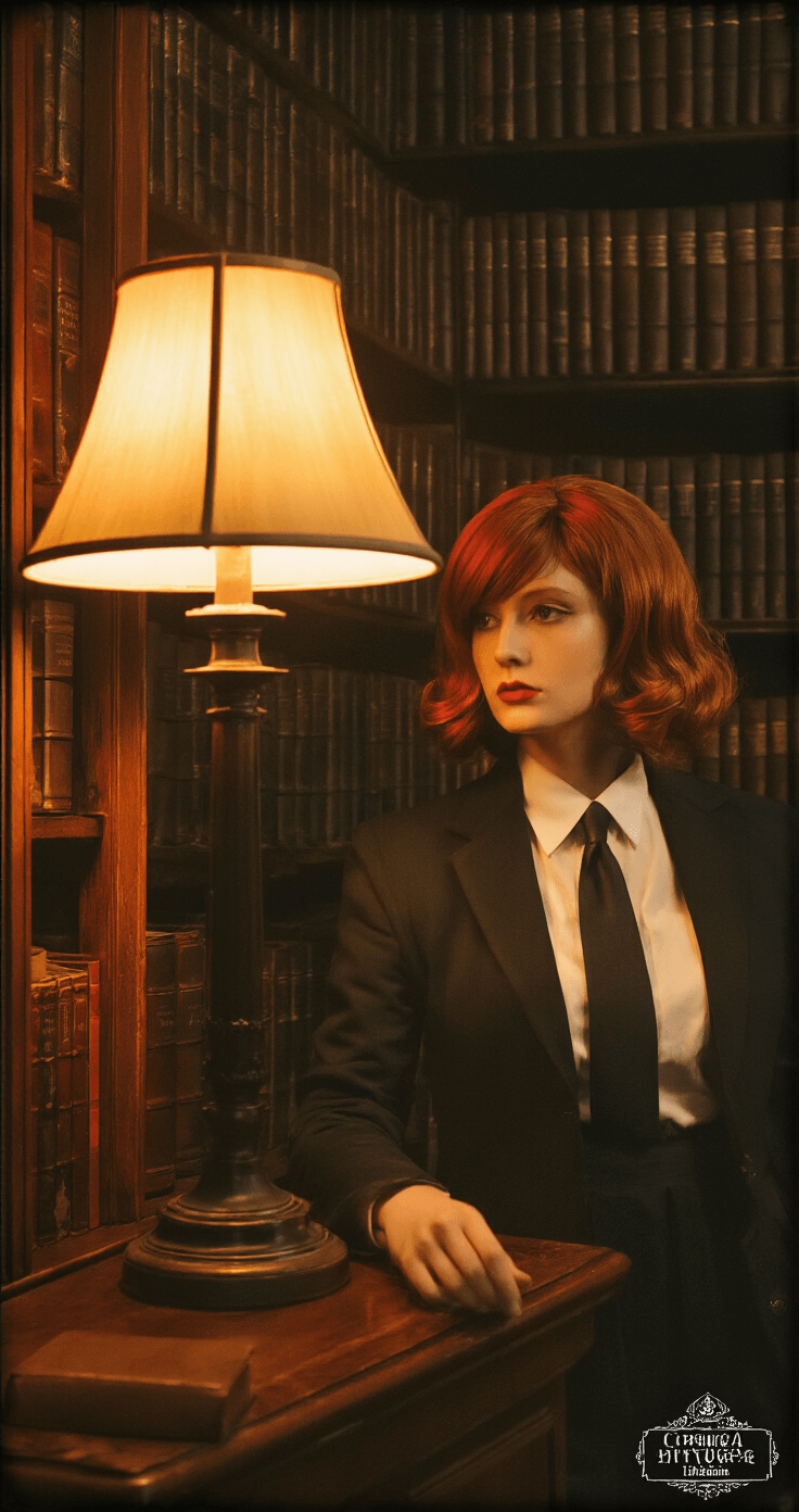 THE ULTIMATE MAKIMA COSPLAY GUIDE: TRANSFORM INTO CHAINSAW MAN'S ICONIC CHARACTER A moody evening scene in a vintage library, featuring warm lamp light casting dramatic shadows. The focus is on a person in formal attire with an auburn wig, showcasing golden contacts, alongside a backdrop of dark wood elements, with meticulous attention to tie and collar symmetry.