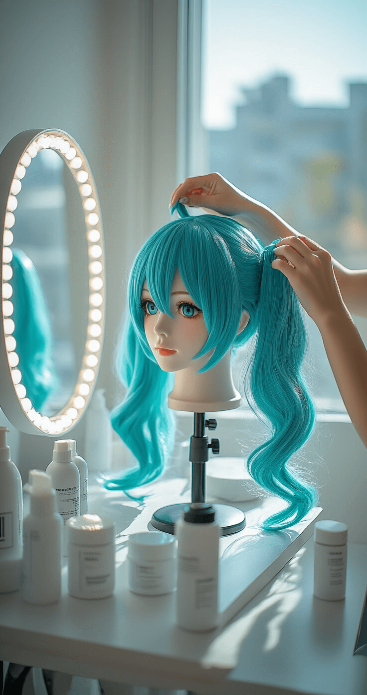 10 Must-Know Tips for Nailing Your Miku Cosplay Look A young woman styles a turquoise blue Miku wig on a professional head in a sunlit cosplay studio, with morning light streaming through large windows, highlighting her detailed work on the intricate twin-tails at a white makeup station with an LED mirror.