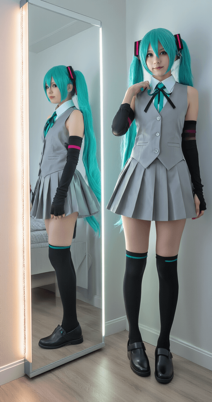 10 Must-Know Tips for Nailing Your Miku Cosplay Look A modern bedroom illuminated by soft afternoon light, featuring a cosplayer adjusting Miku's gray and aqua outfit in a full-length mirror, showcasing a crisp pleated skirt, fitted vest, and black arm warmers, with subtle futuristic LED strip lights in the background, captured from a 45-degree angle.
