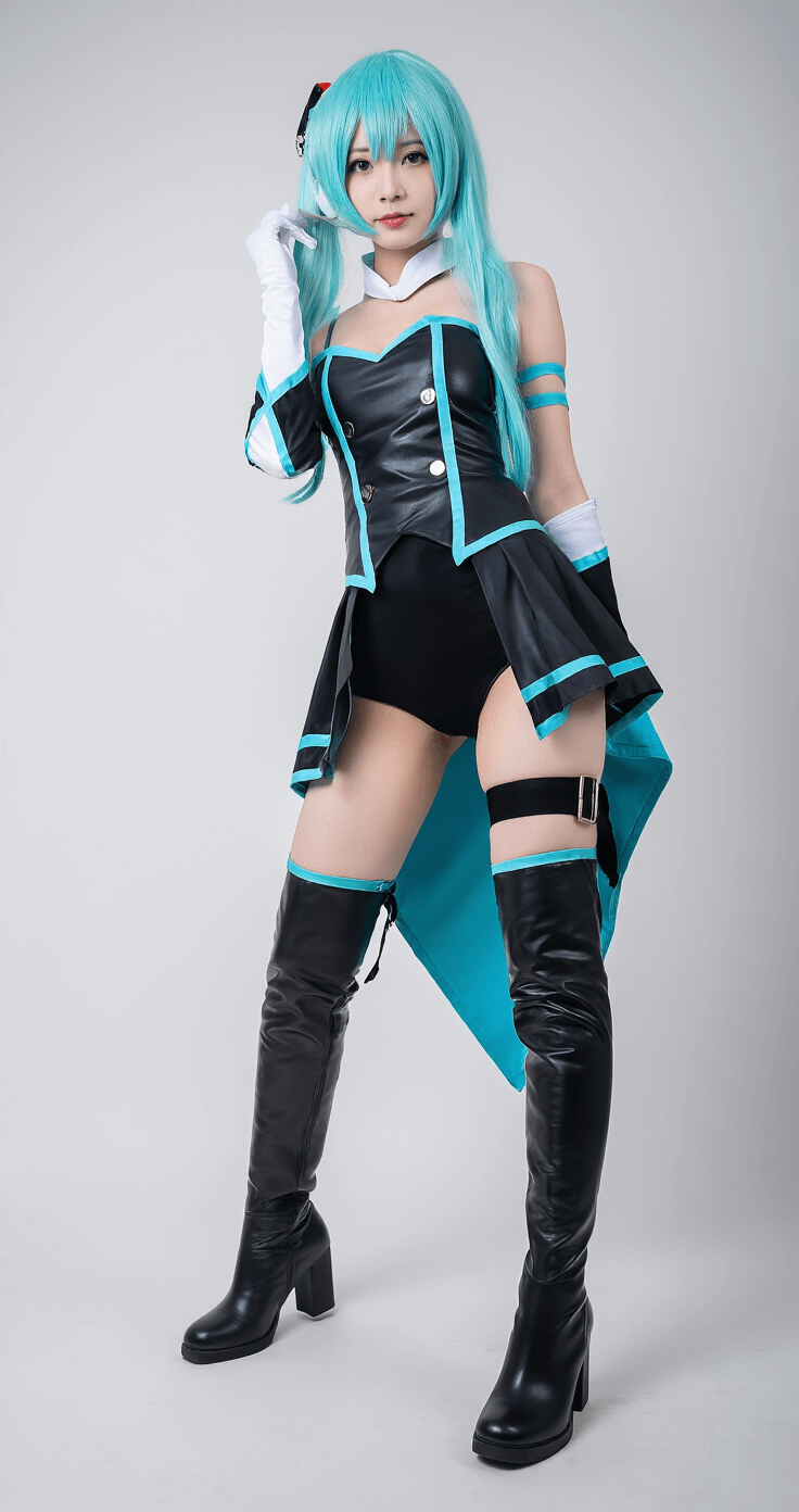 10 Must-Know Tips for Nailing Your Miku Cosplay Look Full-body shot of a Miku cosplay costume in a professional photography studio against a pure white backdrop, emphasizing thigh-high boots and outfit proportions. Studio lighting showcases the quality of materials and clean lines, with a shallow depth of field highlighting fabric texture details.