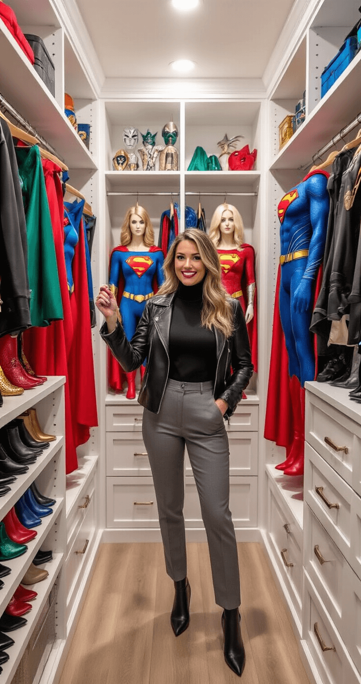 Halloween Cosplay: My Complete Guide to Creating Show-Stopping Character Transformations A fashionable woman in a fitted black turtleneck and grey trousers inspects a sleek black leather jacket against a vibrant Superman-inspired costume in her organized walk-in closet, illuminated by soft natural light, surrounded by colorful wigs, boots, and cape accessories on white shelving.