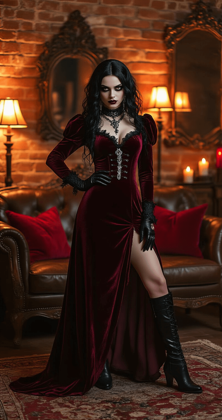 Halloween Cosplay: My Complete Guide to Creating Show-Stopping Character Transformations A young woman in a gothic vampire costume striking a confident pose in a cozy living room filled with warm evening lighting, antique furniture, and flickering candles, showcasing her burgundy velvet dress, dramatic makeup, and styled black curls.