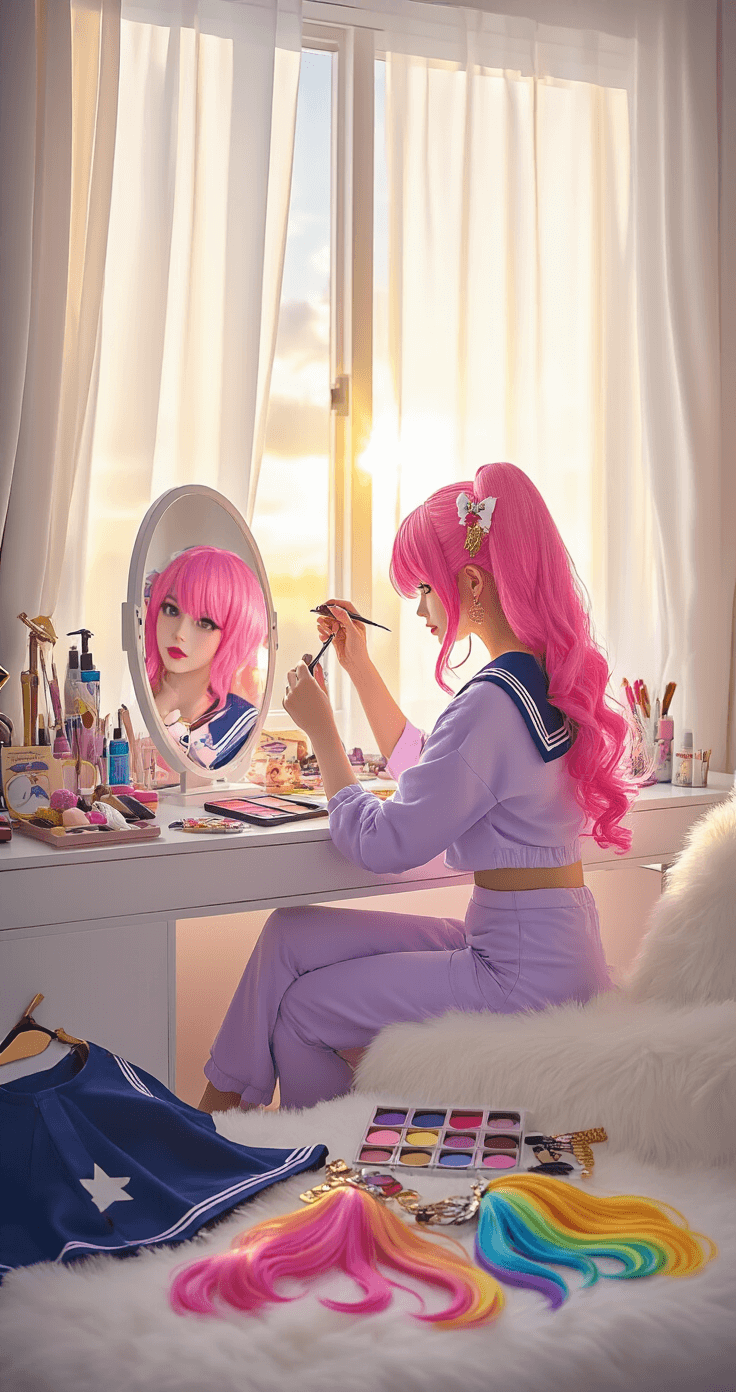 Halloween Cosplay: My Complete Guide to Creating Show-Stopping Character Transformations A stylish woman in lavender loungewear styles a vibrant pink wig at a modern vanity table in a bright bedroom during golden hour, surrounded by colorful anime cosplay accessories, including a sailor-style uniform, rainbow hair extensions, and glittery makeup palettes, all illuminated by natural sunlight.