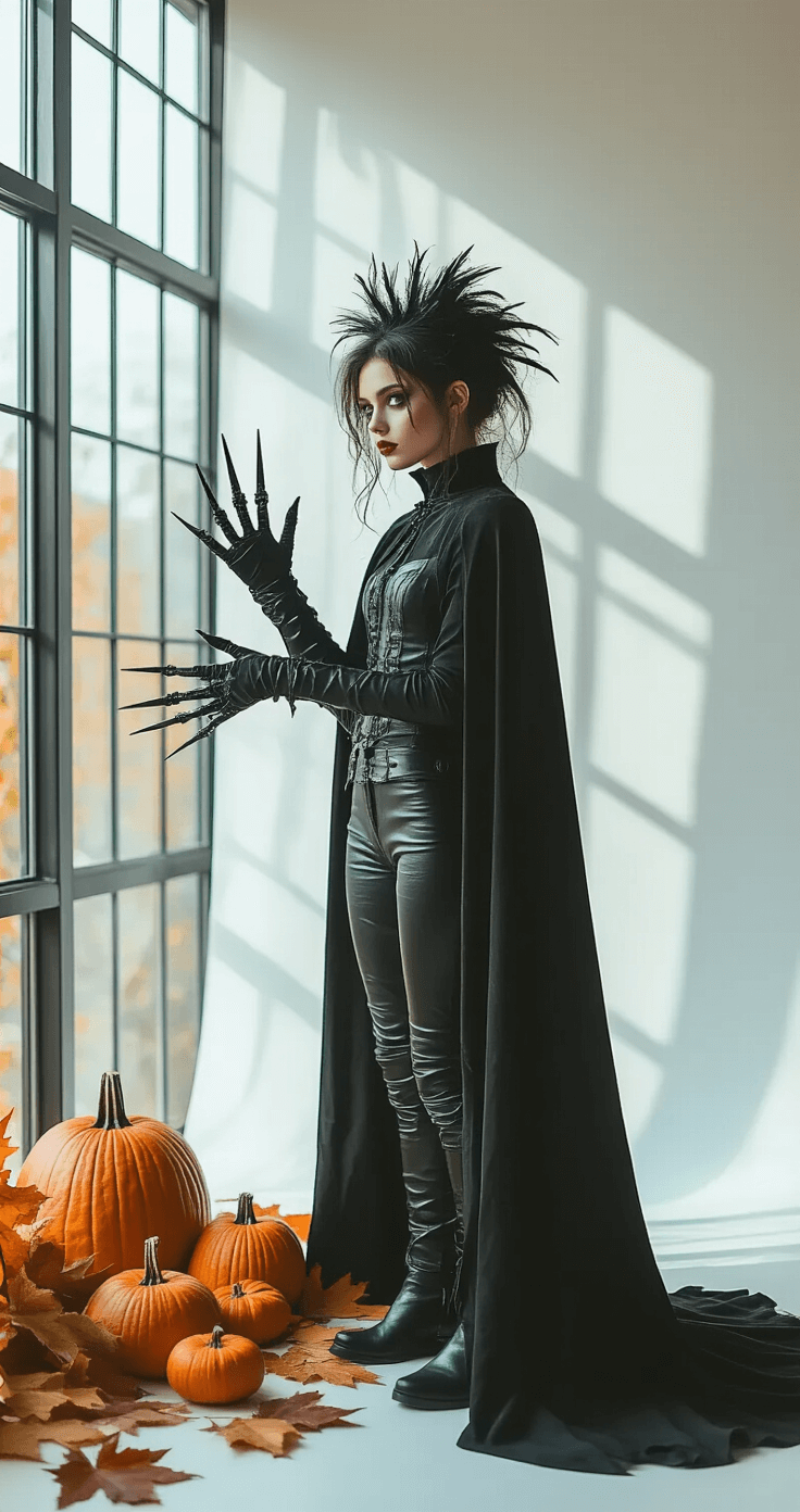 Halloween Cosplay: My Complete Guide to Creating Show-Stopping Character Transformations Young woman in a DIY Edward Scissorhands costume, with metallic scissor hands, arranging Halloween props in a spacious studio apartment featuring floor-to-ceiling windows and natural afternoon light.