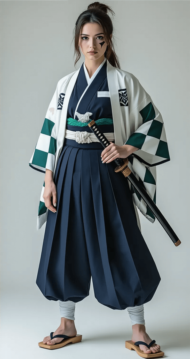 The Most Creative Anime Cosplay Ideas in 2025 That'll Make You Convention Famous A confident woman in a minimalist white studio poses in a stylish Demon Slayer-inspired outfit, featuring navy hakama pants, a geometric patterned white haori jacket, and a checkered haori draped over her shoulders. She accessorizes with wooden geta sandals, a replica katana, and scar makeup, highlighted by dramatic studio lighting that accentuates the rich textures of her attire. The low-angle shot captures the blend of traditional Japanese aesthetics and contemporary cosplay fashion.
