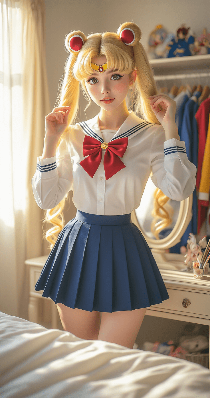 Cute Cosplay: How I Turn Everyday Outfits Into Adorable Character-Inspired Looks A young woman in a cosplay outfit inspired by Sailor Moon adjusts her blonde twin-tail wig in a sunlit bedroom, surrounded by colorful anime clothing and makeup, capturing a joyful transformation moment in warm, natural light.