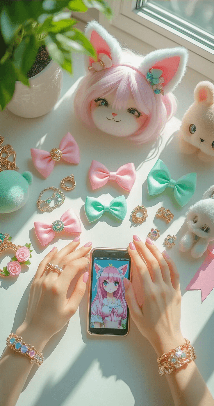 Cute Cosplay: How I Turn Everyday Outfits Into Adorable Character-Inspired Looks Close-up image of a white desk with colorful cosplay accessories including pastel hair clips, animal ears, character-themed jewelry, and temporary tattoos, all arranged neatly in bright sunlight, with a smartphone displaying character references beside them, captured from above at a 45-degree angle.