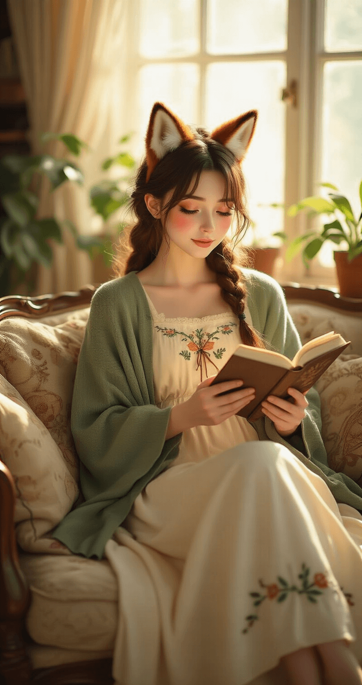 Cute Cosplay: How I Turn Everyday Outfits Into Adorable Character-Inspired Looks A young woman in a cozy living room reads a book on a vintage sofa, dressed in a cream-colored dress and sage green cardigan, with fox ears and natural makeup, surrounded by plants and warm afternoon light.