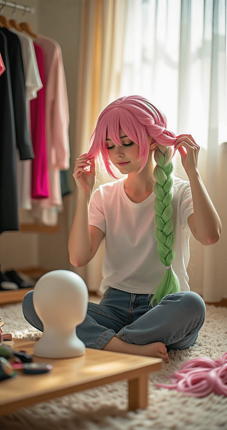 My Complete Guide to Nailing the Perfect Mitsuri Cosplay (Without Breaking the Bank!) A young woman sits cross-legged in a cozy crafting room, styling a pink and green ombre cosplay wig on a styrofoam head, surrounded by organized crafting materials and costume pieces, with warm afternoon sunlight filtering through sheer curtains.