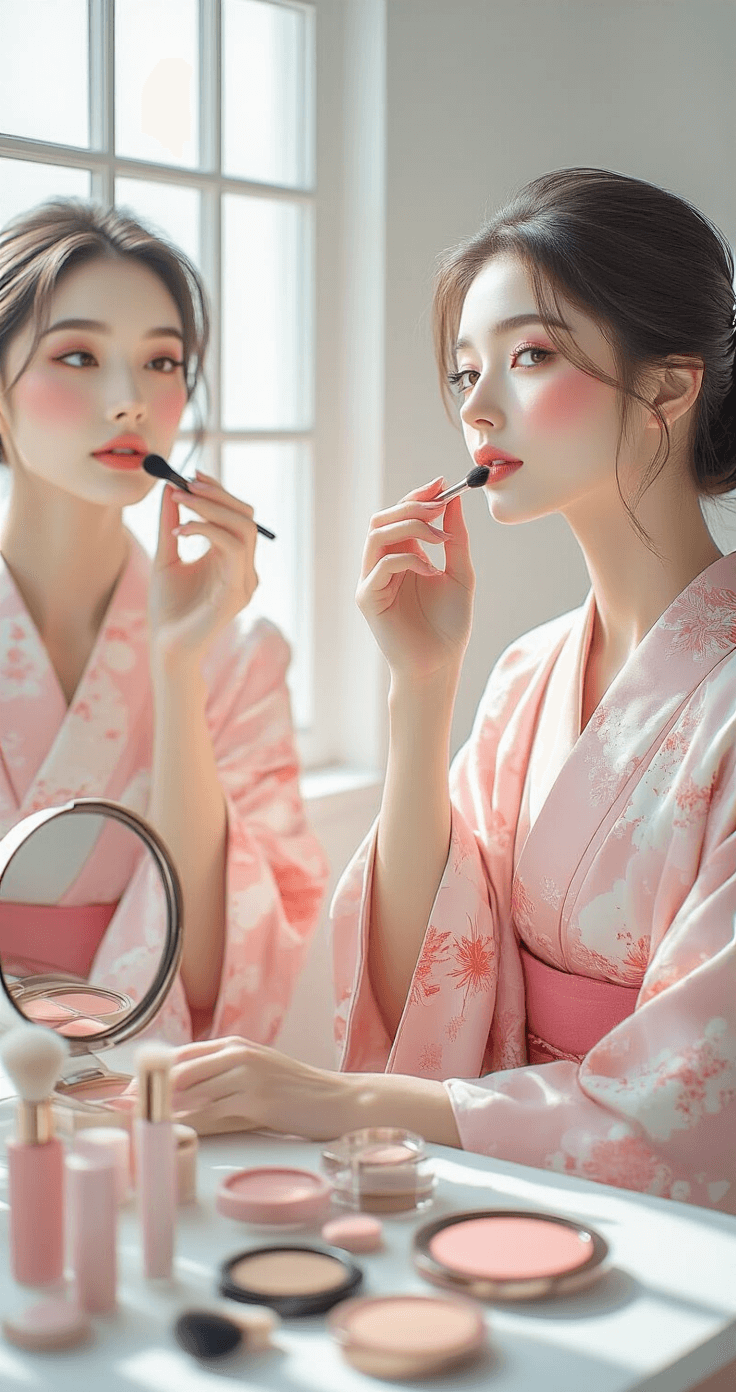 Nezuko Cosplay: Your Complete Guide to Nailing the Perfect Demon Slayer Look A woman in a partial pink kimono applies delicate makeup in a minimalist studio with large windows, her reflection visible in a vintage mirror surrounded by pink cosmetics on a clean white vanity. Soft daylight accentuates her porcelain skin and rosy blush.