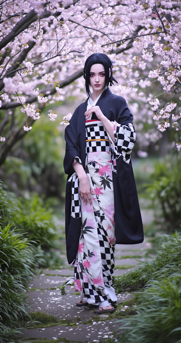 Nezuko Cosplay: Your Complete Guide to Nailing the Perfect Demon Slayer Look A woman in a lush garden poses in a kimono with a bamboo muzzle, adopting a protective crouch pose inspired by Nezuko. The scene is illuminated by twilight filtering through cherry blossoms, showcasing intricate fabric textures and an elegant black haori.