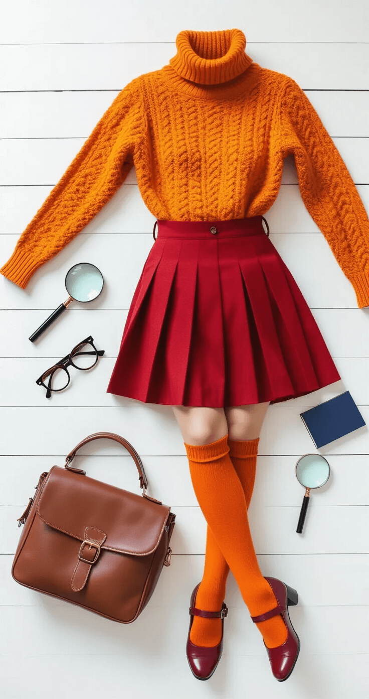 The Ultimate Velma Dinkley Cosplay A flat lay of a Velma-inspired outfit on a white wooden surface, featuring an orange sweater, red pleated mini skirt, orange knee-high socks, burgundy Mary Jane shoes, black glasses, a vintage leather satchel, a silver magnifying glass, and a navy blue notebook.