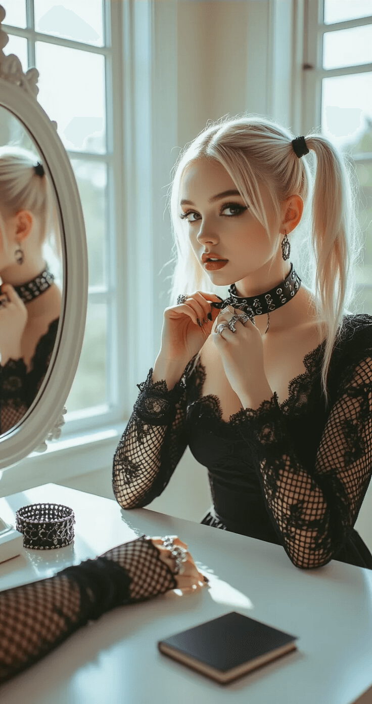 Your Complete Guide to Nailing the Perfect Misa Amane Cosplay Look A young woman with platinum blonde pigtails sits at a white vanity, adjusting a chunky black gothic choker in a bright bedroom. Her fitted black lace dress contrasts with gothic rings and fishnet arm warmers on the vanity, while soft natural light filters through large windows, creating gentle shadows that highlight the textures of her accessories.