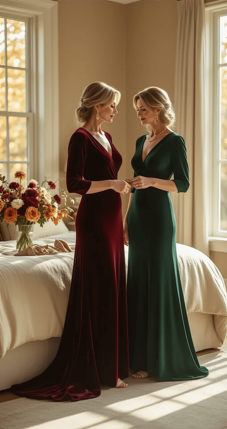 Fall Wedding Guest Dresses for Women Over 50: Elegant Autumn Style A sophisticated woman in her 50s stands in a sunlit bedroom, selecting between a deep burgundy velvet dress and an emerald green silk blend on a cream linen bedspread, with warm taupe walls and autumn flowers in a vase around her.