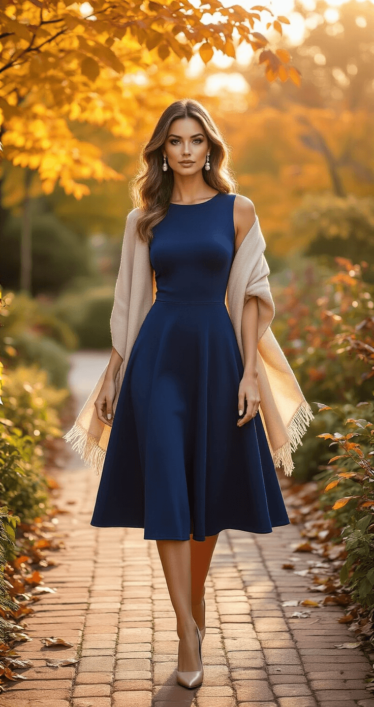 Fall Wedding Guest Dresses for Women Over 50: Elegant Autumn Style A well-dressed woman in a deep sapphire blue fit-and-flare midi dress walks confidently on a brick pathway surrounded by vibrant fall foliage, accessorized with a lightweight cashmere shawl, pearl drop earrings, and nude leather block-heeled pumps, captured during golden hour.