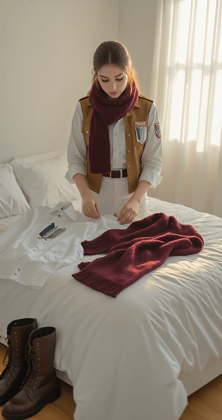 The Ultimate Mikasa Ackerman Cosplay A young woman in a minimalist white bedroom arranges Attack on Titan cosplay pieces on a neatly made bed, with sunlight streaming through sheer curtains, highlighting a military-style shirt, khaki jacket, white pants, and a burgundy scarf, as her hands smooth the fabrics.