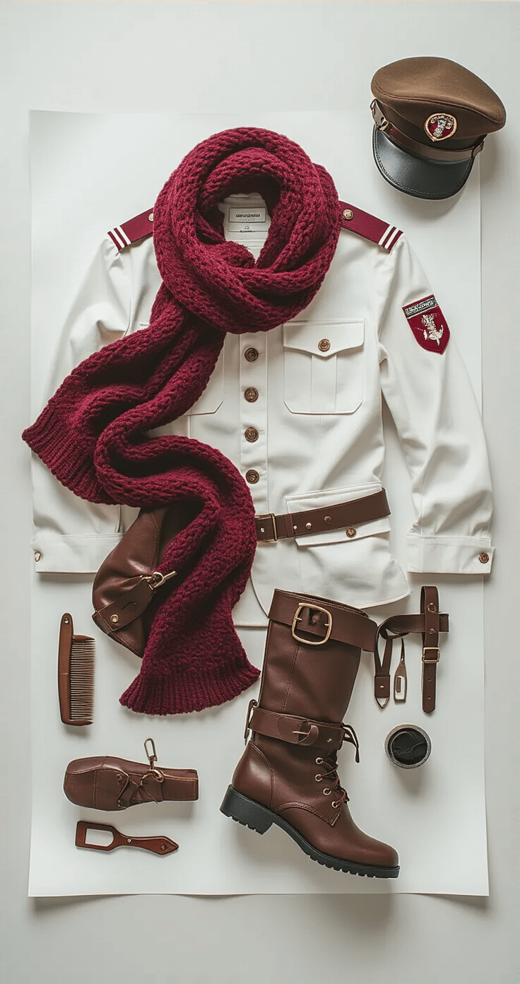 The Ultimate Mikasa Ackerman Cosplay Overhead flat lay of a complete Mikasa cosplay outfit on seamless white paper, featuring a burgundy knit scarf, structured brown jacket with military patches, and leather accessories, styled in a bright photography studio with soft diffused lighting.