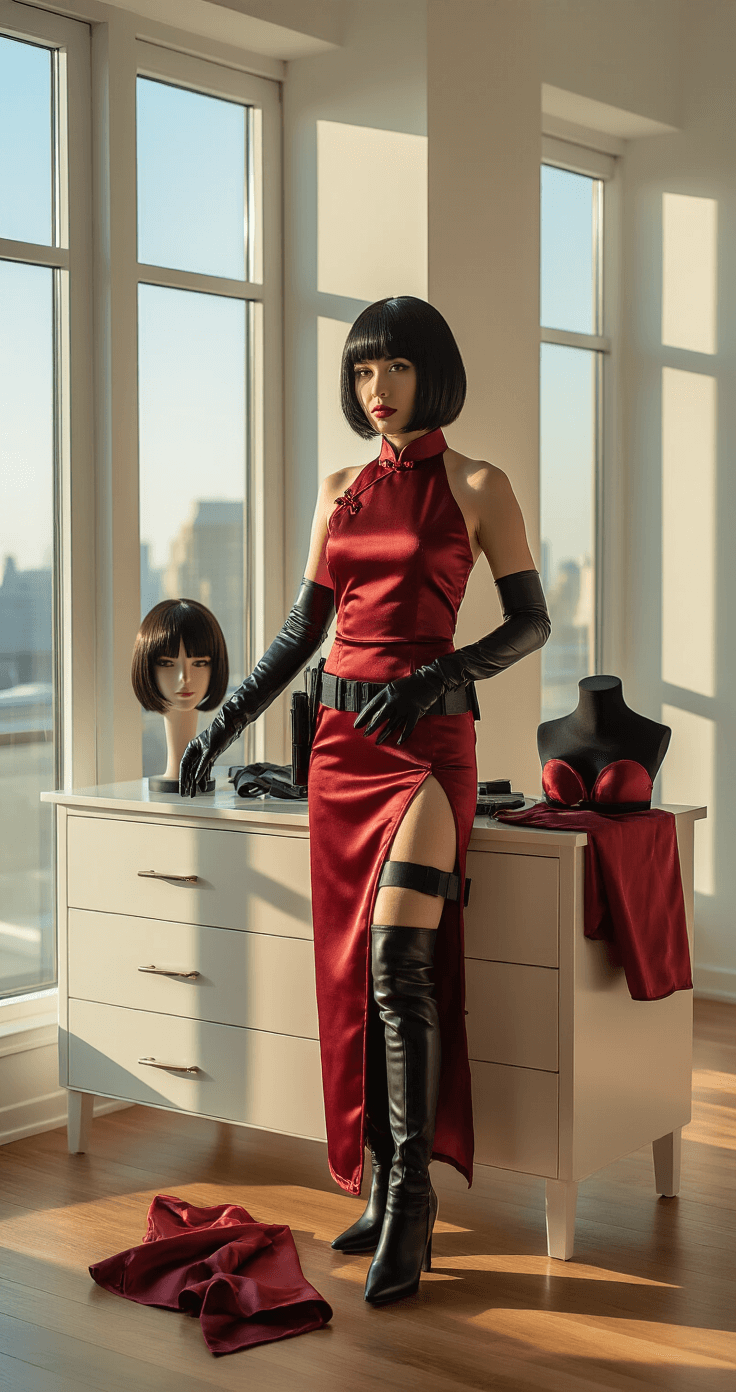Ada Wong Cosplay: Mastering the Ultimate Spy Look That's Taking Over Social Media A woman arranges Ada Wong cosplay elements, including a crimson cheongsam, black leather gloves, and a tactical thigh holster, in a stylish urban loft with floor-to-ceiling windows, bathed in golden hour light.