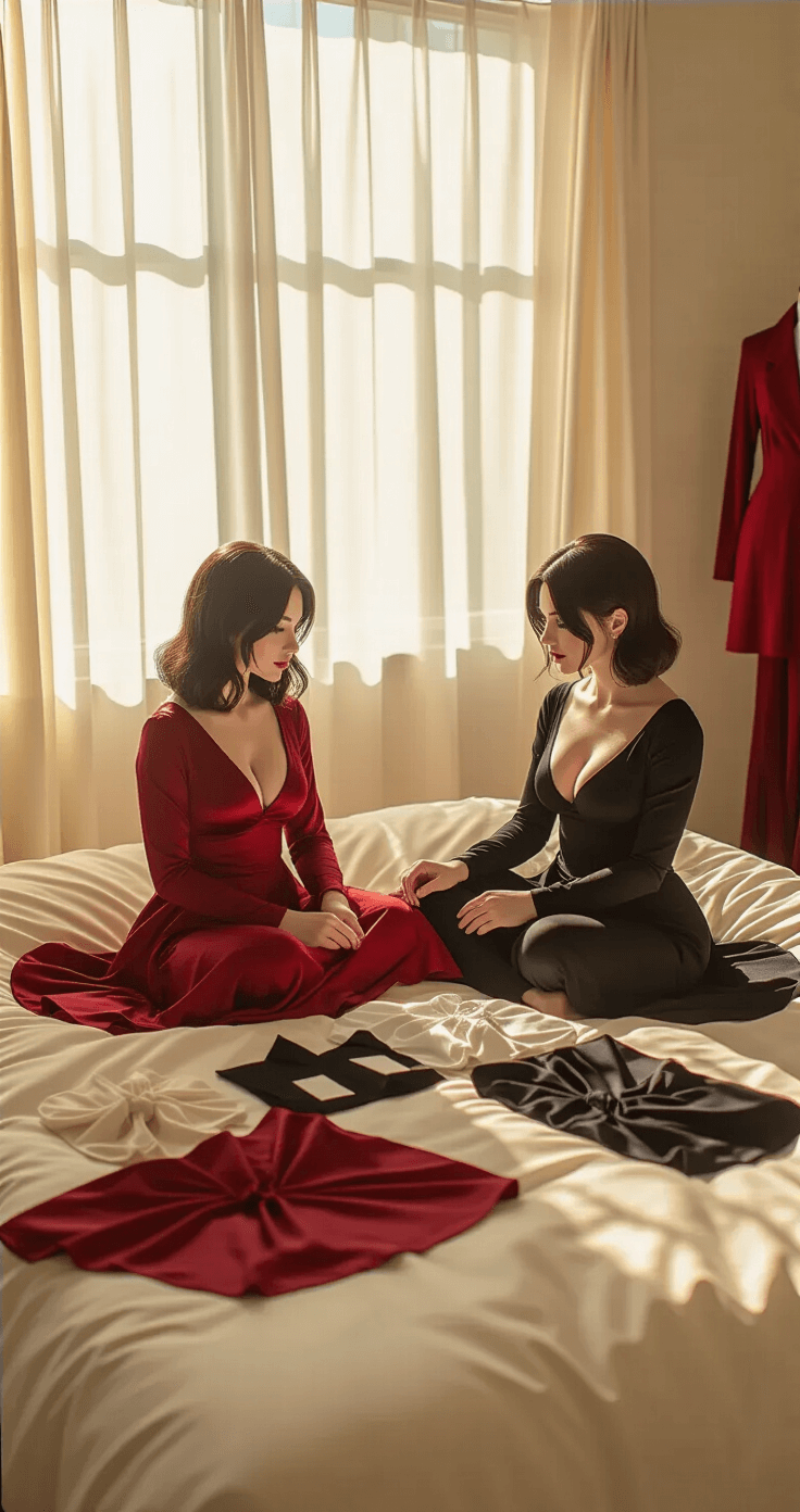 Ada Wong Cosplay: Mastering the Ultimate Spy Look That's Taking Over Social Media Cozy bedroom with soft natural light illuminating various Ada Wong costume pieces on a cream-colored bedspread, including red dresses and black accessories, as a woman sits cross-legged comparing fabric textures.