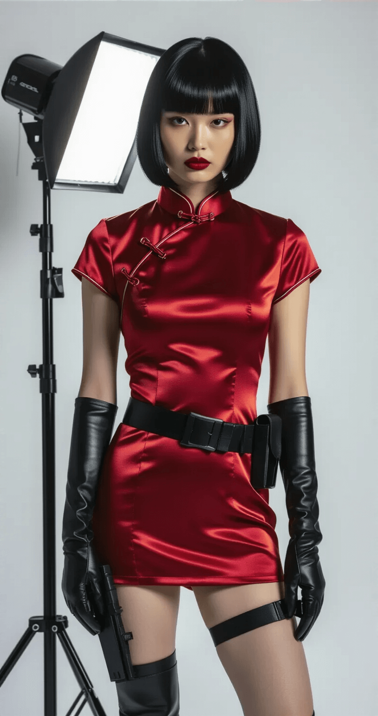 Ada Wong Cosplay: Mastering the Ultimate Spy Look That's Taking Over Social Media Model in a deep red cheongsam with black leather gloves and a tactical holster, posed in a professional photography studio with a seamless white backdrop and controlled lighting, emphasizing luxurious textures and a mysterious expression.