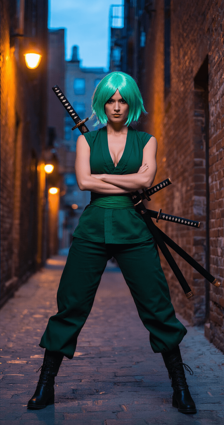 One Piece Cosplay: Nailing Every Straw Hat Look A confident woman dressed as Zoro stands in an urban setting during blue hour, wearing a forest green haramaki, dark pants, and black boots. Her mint-green wig mimics Zoro’s hairstyle, and three foam katana swords are positioned on her back. The backdrop features industrial brick walls and warm streetlamps, creating dramatic shadows. The scene has a moody atmosphere with cool blue skies and amber lights, captured from a low angle to highlight her commanding presence.