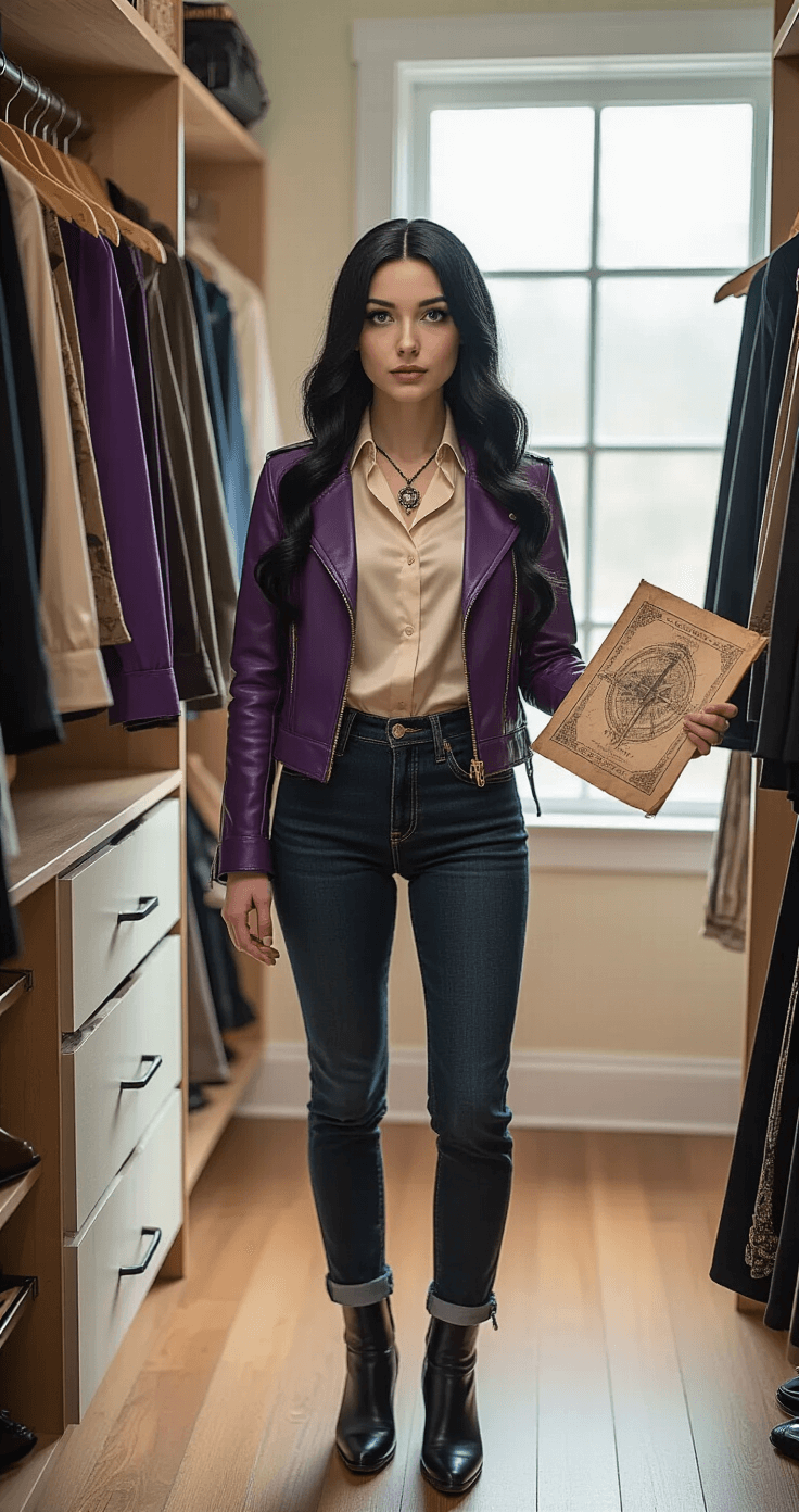 One Piece Cosplay: Nailing Every Straw Hat Look A young woman in a bright walk-in closet poses thoughtfully in her Robin cosplay, wearing a fitted purple leather jacket and cream silk blouse. Natural light illuminates her long black wig styled in waves, complemented by archaeological-themed jewelry and a prop map. The organized closet features hanging costumes and accessories, with rich purple, cream, and black hues.