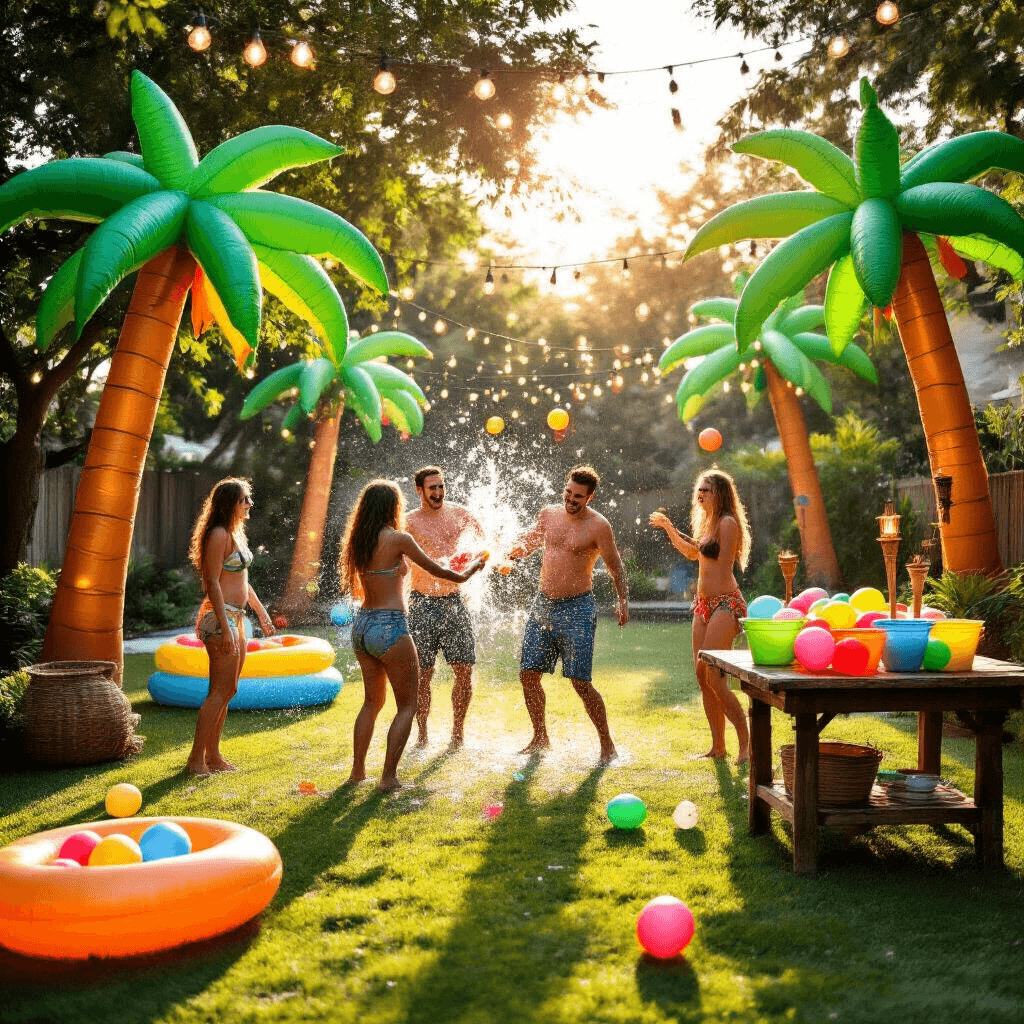 Ultimate Guide to Water Balloon Parties: A Splash-Tastic Summer Adventure A vibrant backyard scene depicting a water balloon battle among friends, surrounded by inflatable palm trees and tiki torches, with a refill station of colorful water balloons and twinkling fairy lights overhead, all illuminated by the warm glow of the golden hour sun.
