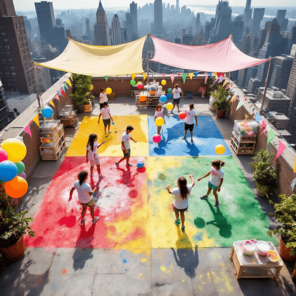 Ultimate Guide to Water Balloon Parties: A Splash-Tastic Summer Adventure Overhead view of a lively rooftop Color War Challenge with vibrant chalk zones in red, blue, yellow, and green; participants in splattered white t-shirts dodge and throw paint-filled water balloons under soft light from canopies, with a DIY balloon filling station and city skyline in the background.