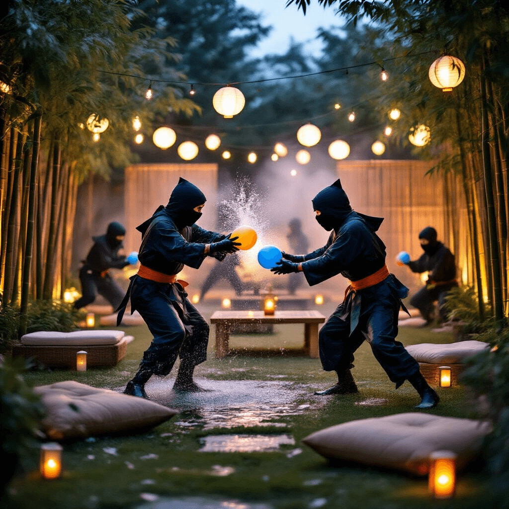 Ultimate Guide to Water Balloon Parties: A Splash-Tastic Summer Adventure Close-up action shot of two participants in playful ninja costumes during a water balloon fight in a beautifully landscaped backyard at dusk, surrounded by a magical glow from fairy lights and lanterns, with water droplets suspended in the air, and other ninjas navigating an obstacle course in the background amidst fog and candlelight.