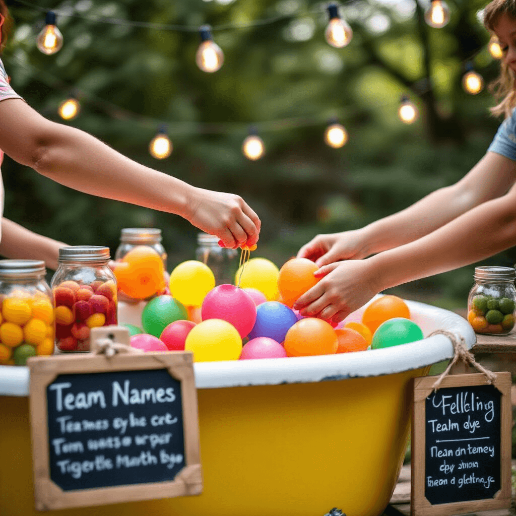Ultimate Guide to Water Balloon Parties: A Splash-Tastic Summer Adventure Intimate close-up of hands filling and tying colorful water balloons at a DIY station, featuring a vintage yellow enamel bathtub as the water source, mason jars of natural dyes, and handwritten chalkboard signs, illuminated by warm Edison bulbs with a festive bokeh backdrop.