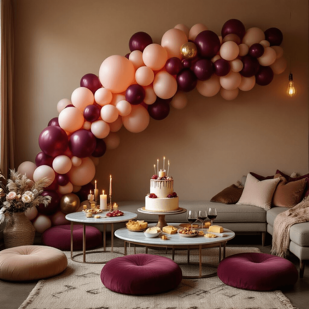 Balloons with Bows: The Ultimate Party Decor Trend That Will Transform Your Celebrations A cozy living room decorated for a birthday celebration, featuring a gradient balloon installation from blush to deep burgundy, low tables with cheese and wine spreads, and a marble-topped bar cart holding a statement birthday cake, all illuminated by warm candlelight.