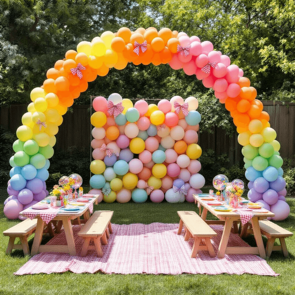 Balloons with Bows: The Ultimate Party Decor Trend That Will Transform Your Celebrations A whimsical children's birthday party in a sunlit backyard, featuring a rainbow balloon arch with gingham bows, colorful picnic blankets with low tables, confetti-filled balloons as centerpieces, and a DIY photo booth backdrop with pastel balloon decorations and paper bows, captured from an elevated angle.