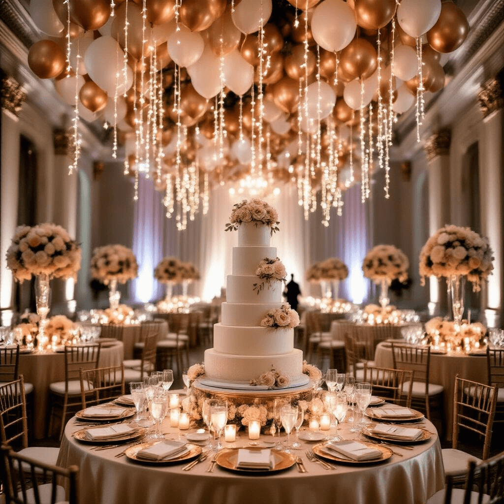 Rose Gold Balloons: The Ultimate Guide to Stunning Event Decor A lavish wedding reception ballroom with soaring ceilings, rose gold balloon garlands, champagne silk table linens, and towering blush and ivory floral centerpieces, featuring a grand 5-tier marble cake surrounded by candles and rose petals, all illuminated by soft evening light.