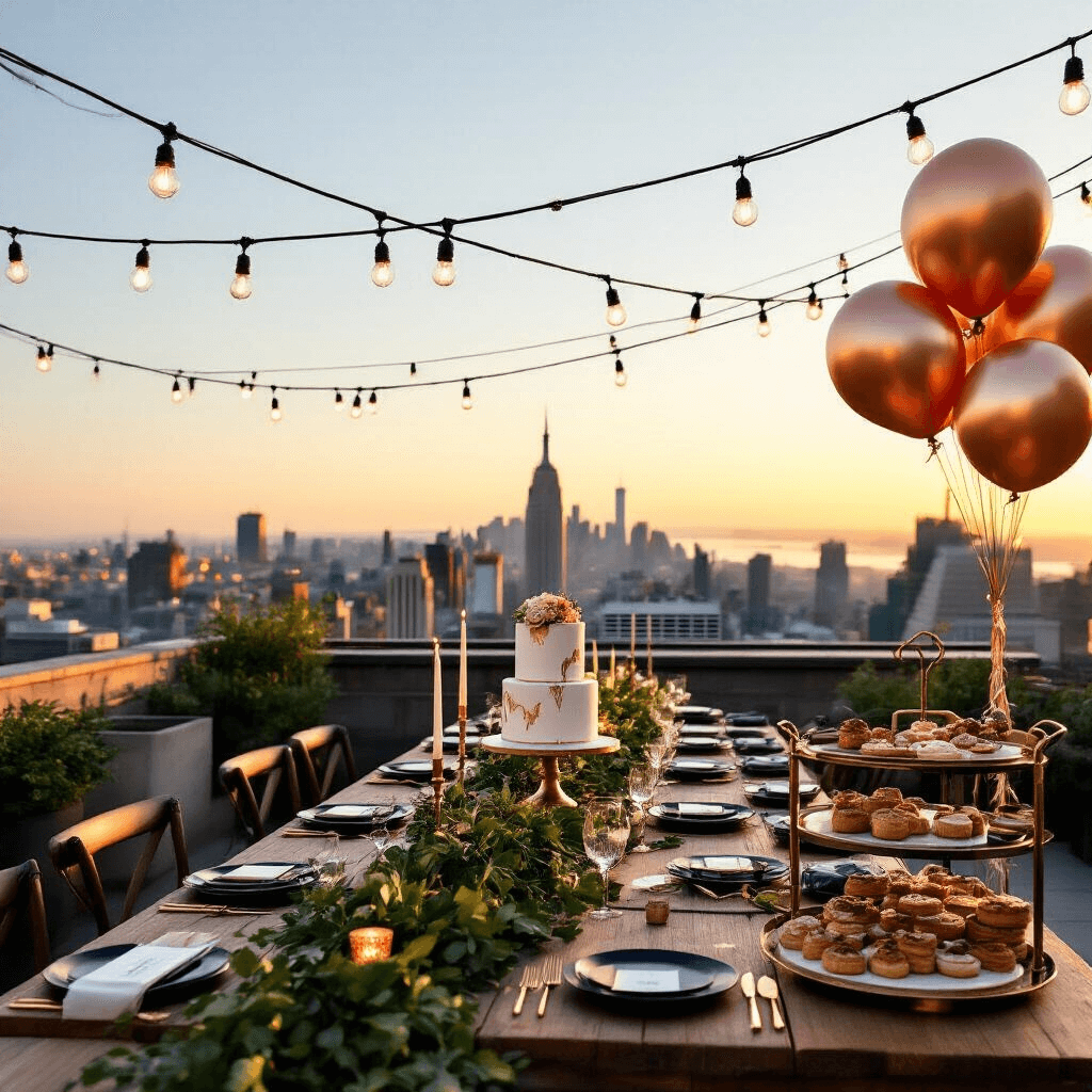 Rose Gold Balloons: The Ultimate Guide to Stunning Event Decor An intimate rooftop terrace at sunset, set for a milestone birthday celebration, featuring string lights overhead, long farm tables with greenery runners and brass candleholders, elegant place settings, and a dessert cart filled with pastries and a cake adorned with metallic rose gold balloons, captured from an elevated angle.