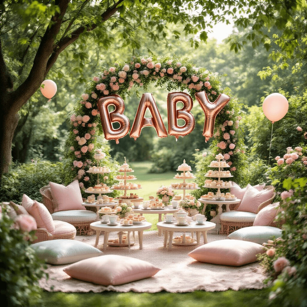 Rose Gold Balloons: The Ultimate Guide to Stunning Event Decor A whimsical garden baby shower scene with dappled sunlight filtering through tree branches, featuring low tables and plush pastel cushions, rose gold 'BABY' balloons, flower-covered arch, tiered stands of tea sandwiches and petits fours, and vintage teacups amid lush greenery.