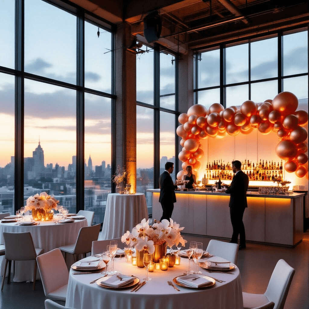 Rose Gold Balloons: The Ultimate Guide to Stunning Event Decor A chic cocktail party in a modern loft with sunset views, featuring high-top tables with white linens, geometric brass centerpieces, a statement bar with ombré rose gold balloons, and servers with champagne and hors d'oeuvres, captured from a low angle.