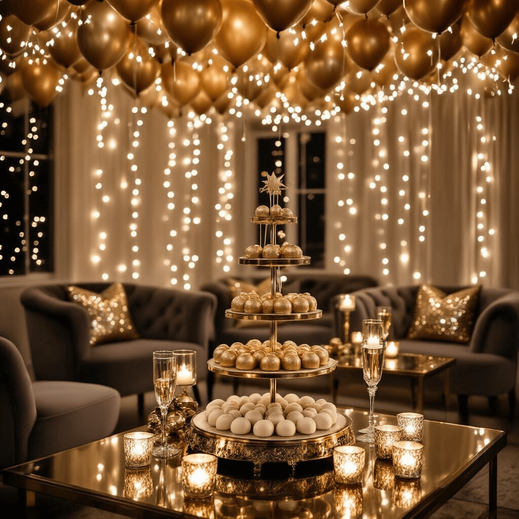 Rose Gold Balloons: The Ultimate Guide to Stunning Event Decor A cozy living room elegantly styled for New Year's Eve, featuring twinkling fairy lights, metallic balloons, a dessert table with a champagne tower and clock-faced cake, velvet armchairs, cocktail tables with sequin pillows, and crystal candle holders, all creating a warm and inviting atmosphere.