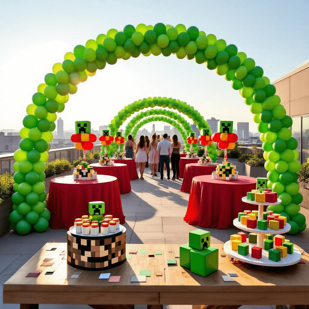Minecraft Balloons: The Ultimate Party Decor and Gaming Guide A vibrant rooftop terrace decorated in a Minecraft theme, featuring a green and red balloon arch, pixel-patterned table runners with mini character figurines, and a dessert cart with block-shaped treats and a dirt block cake, all under soft morning light.