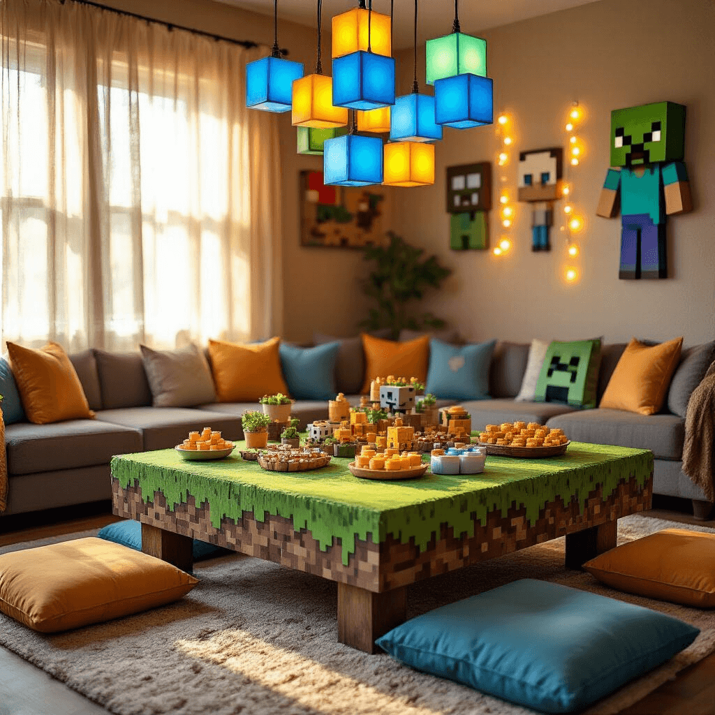 Minecraft Balloons: The Ultimate Party Decor and Gaming Guide A cozy living room during golden hour featuring a Minecraft-themed coffee table with pixelated snacks, surrounded by colorful floor cushions and decorated with character cutouts and string lights.
