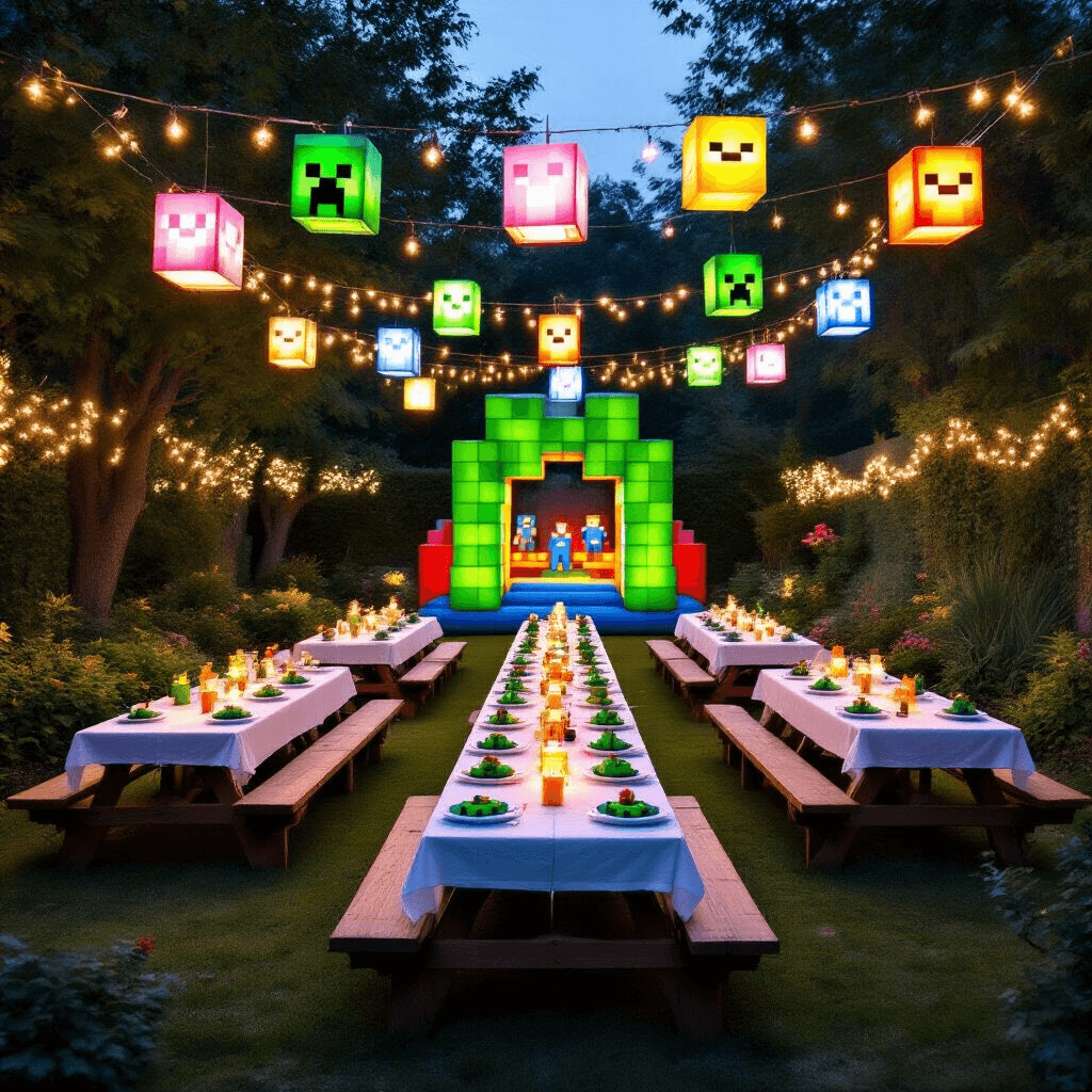 Minecraft Balloons: The Ultimate Party Decor and Gaming Guide A beautifully arranged Minecraft-themed garden party at twilight, featuring picnic tables in a sword shape, glowing lanterns, Creeper napkins, floating block-patterned balloons, a Nether portal photo booth with balloon Endermen, and a distant bouncy castle.