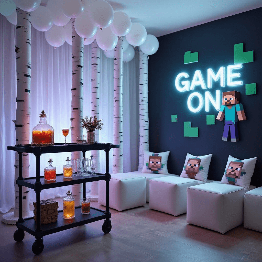 Minecraft Balloons: The Ultimate Party Decor and Gaming Guide A modern minimalist apartment transformed into a chic Minecraft party venue, featuring a stylish bar cart styled as a brewing stand with potion-inspired cocktails, white balloon columns resembling birch trees, low modular seating with pixel-art throw pillows, cube-shaped balloon ottomans, a large balloon pixel art mural of Steve and Alex, and neon signage reading 'Game On'.