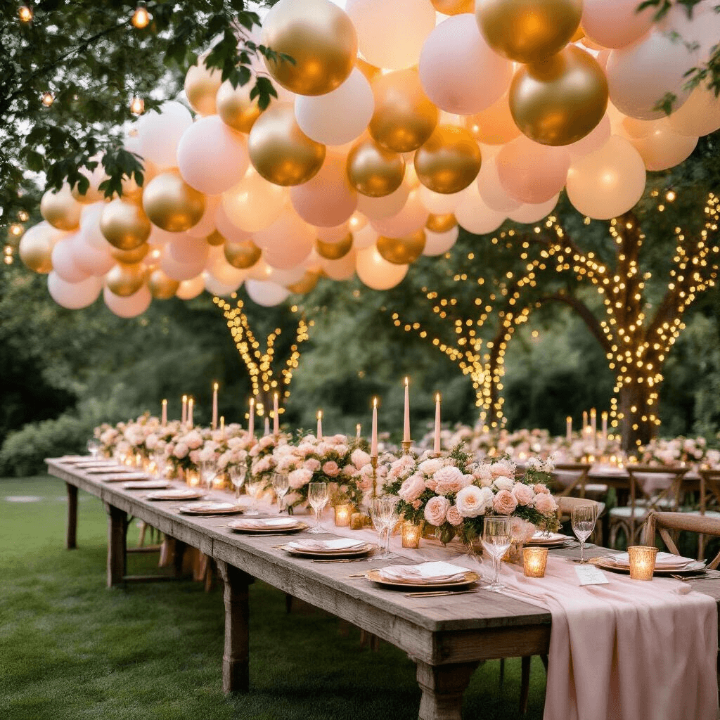 Mastering Foil Balloons: The Ultimate Guide to Stunning Event Decor A dreamy garden wedding reception at golden hour, featuring a long rustic wooden table with blush pink silk linens, surrounded by lush floral centerpieces, illuminated by soft candlelight in mercury glass votives, beneath a shimmering canopy of gold and ivory balloons, and entwined fairy lights in nearby trees.